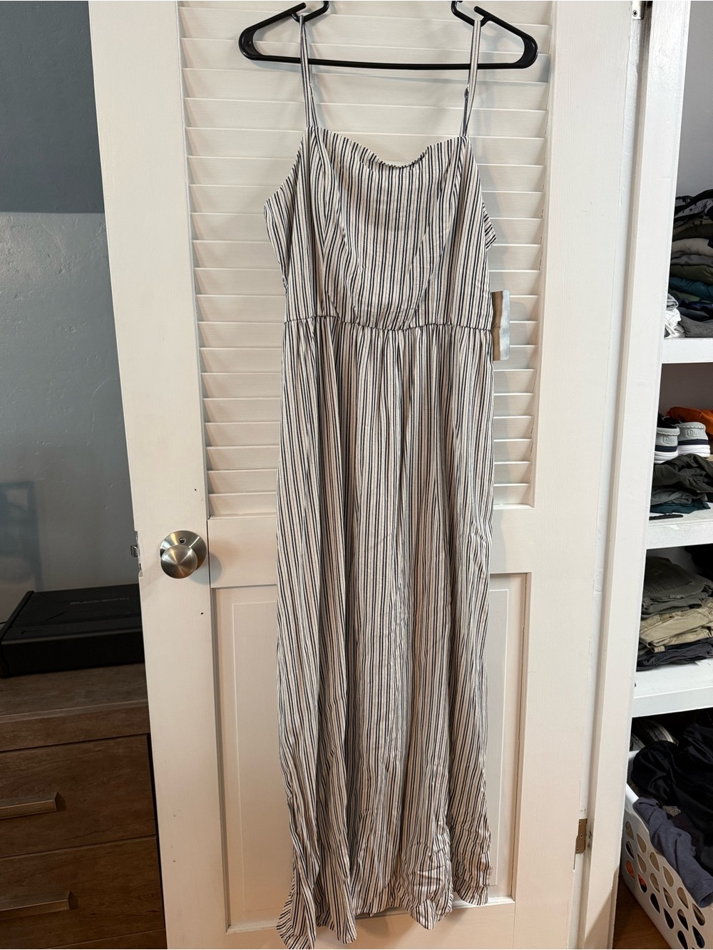 Striped Spaghetti Strap Maxi Dress in White and Navy Blue